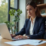 Femme consultant un simulateur de frais de notaire immobilier sur ordinateur portable dans un bureau à domicile