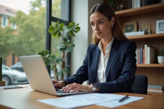 Femme consultant un simulateur de frais de notaire immobilier sur ordinateur portable dans un bureau à domicile