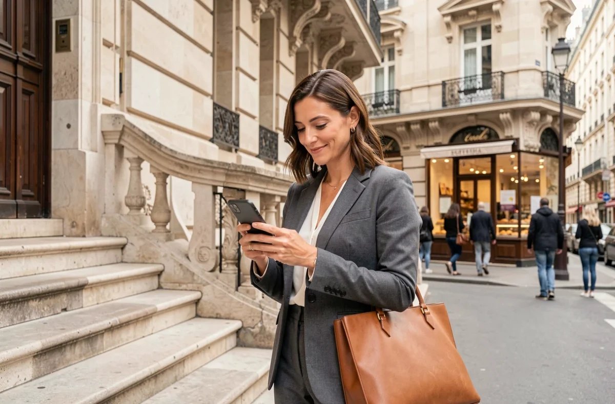 Femme consultant son smartphone devant un immeuble haussmannien dans le cadre d'une recherche immobilière de quartier