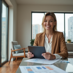 Femme souriante avec tablette de biens immobiliers