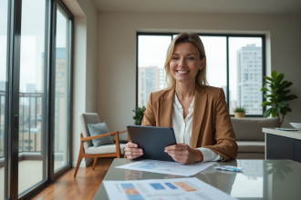 Femme souriante avec tablette de biens immobiliers