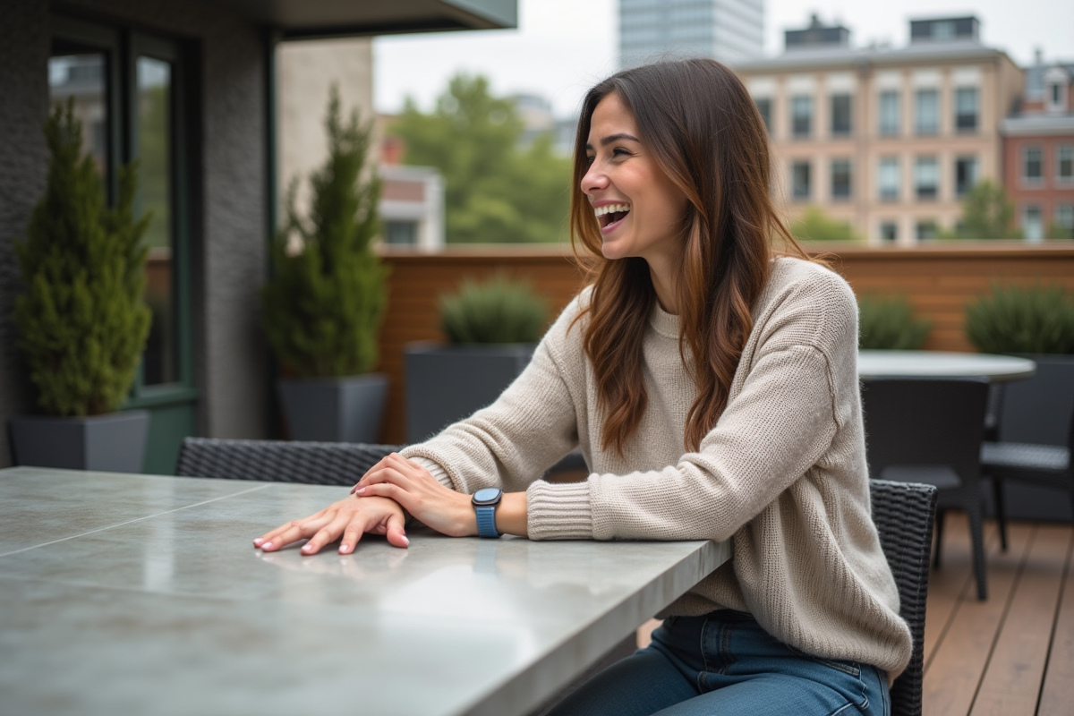 Jeune femme souriante assise à une table de terrasse
