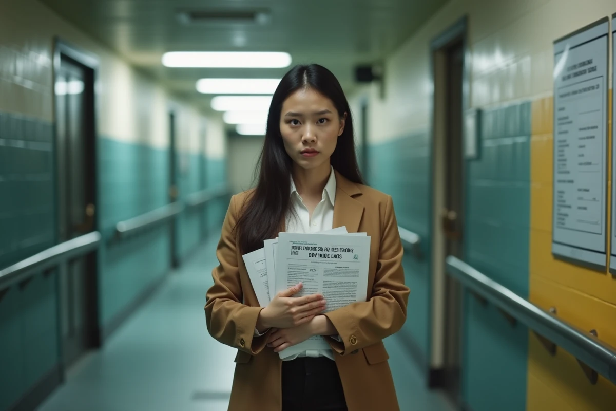 Jeune femme préoccupée tenant des avis de loyer dans un couloir