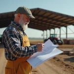 Fermeur en overalls étudie plans devant hangar en construction