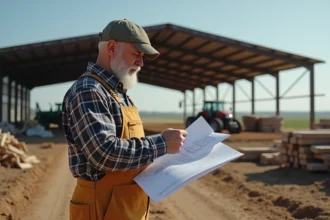 Fermeur en overalls étudie plans devant hangar en construction