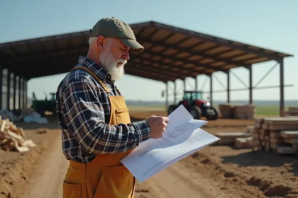 Fermeur en overalls étudie plans devant hangar en construction