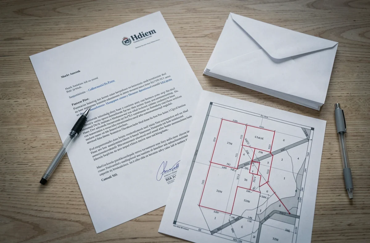Flat-lay de documents cadastraux, modèle de courrier et enveloppes pour identifier le propriétaire d'un terrain