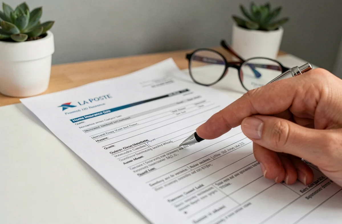 Formulaire de devis assurance habitation La Poste posé sur un bureau avec stylo et lunettes