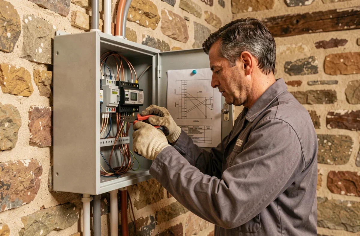 Électricien professionnel de Fredelec câblant un tableau électrique dans une maison en pierre à Saint-Paulet-de-Caisson