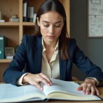 Jeune femme gestionnaire immobiliere consulte un registre