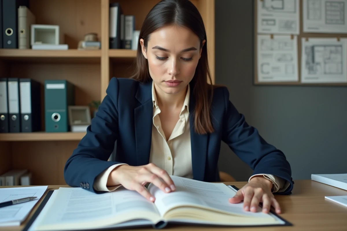 Jeune femme gestionnaire immobiliere consulte un registre