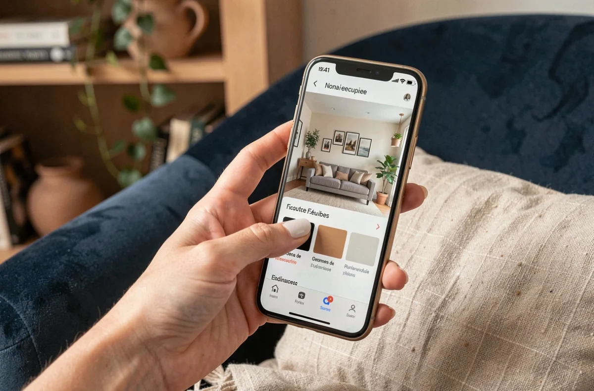 Gros plan d'une main parcourant une application de décoration raffinement habitat avec rendu 3D d'intérieur sur smartphone