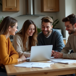Jeunes adultes discutant de factures autour d'une table