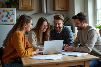Jeunes adultes discutant de factures autour d'une table