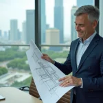 Homme d'affaires en costume bleu examine des plans architecturaux