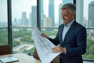 Homme d'affaires en costume bleu examine des plans architecturaux