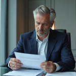 Homme d'affaires en costume bleu examine des documents