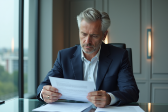 Homme d'affaires en costume bleu examine des documents