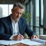Homme d'affaires en costume bleu dans un bureau moderne