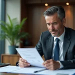 Homme d'affaires confiant examinant des documents d'investissement