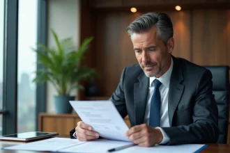 Homme d'affaires confiant examinant des documents d'investissement