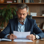 Homme d'affaires en costume examine des documents de prêt immobilier