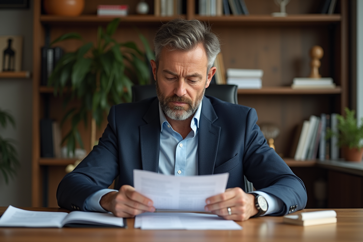 Homme d'affaires en costume examine des documents de prêt immobilier