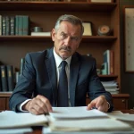 Homme d'affaires frustré triant des documents dans un bureau