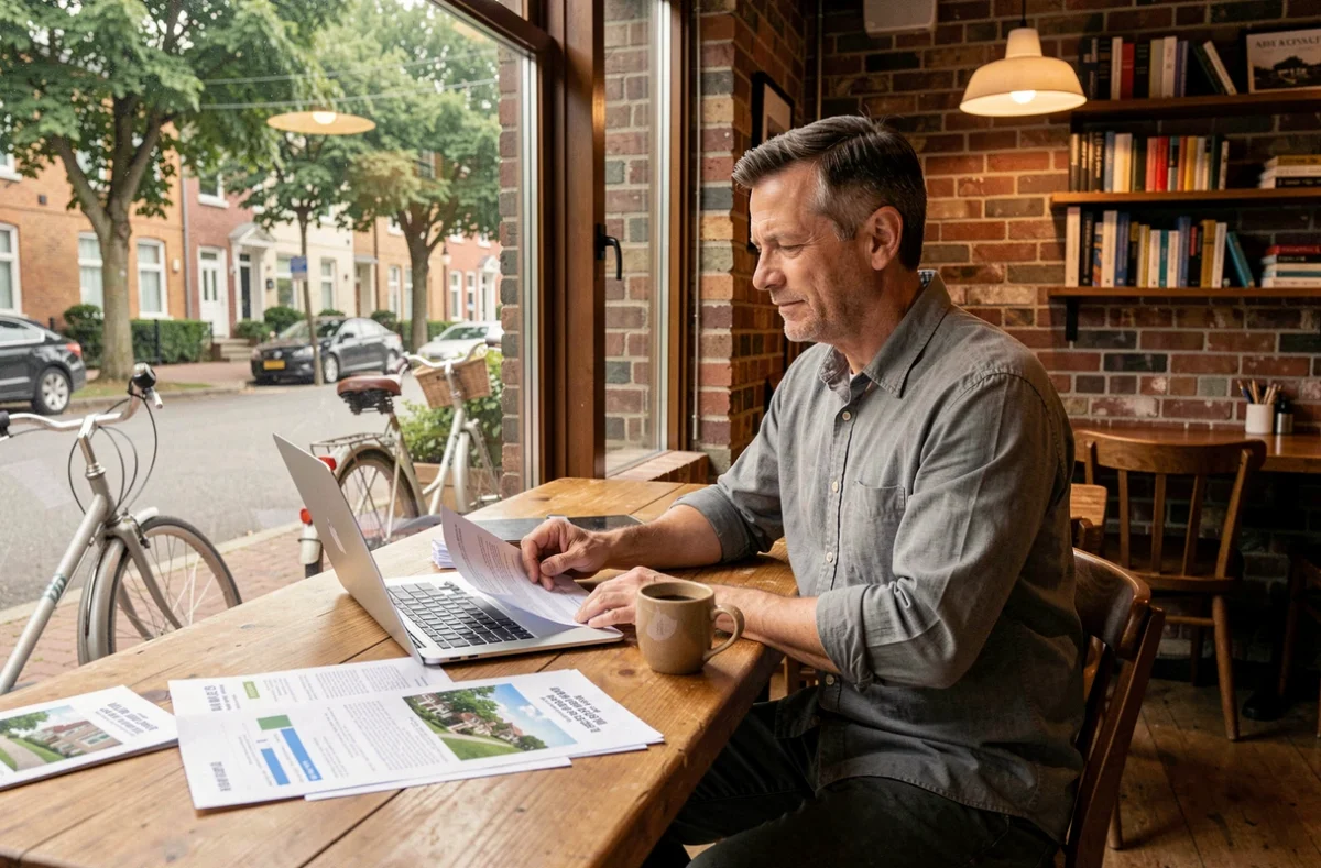 Homme analysant des annonces immobilières et des données de quartier dans un café résidentiel avec vue sur la rue