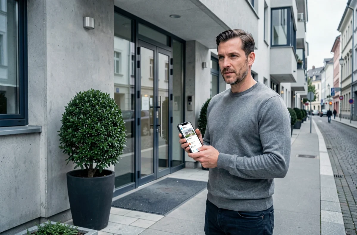 Homme devant son immeuble consultant l'application Lemonade assurance habitation sur smartphone