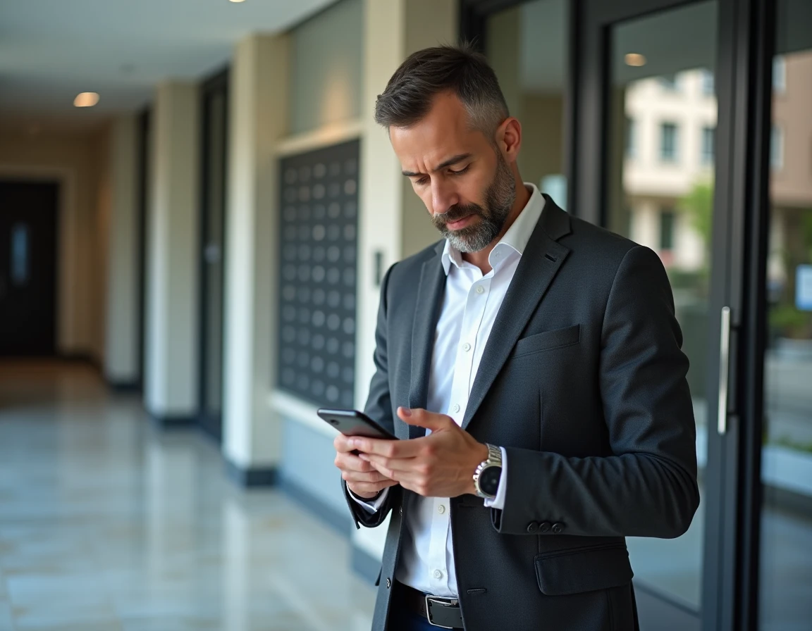 Homme consultant l'application mobile Foncia dans le hall d'entrée d'un immeuble résidentiel