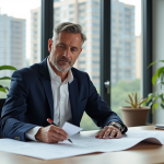 Homme confiant en blazer bleu examine des plans architecturaux