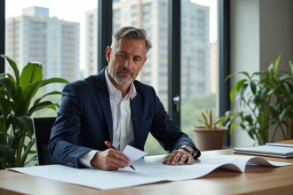 Homme confiant en blazer bleu examine des plans architecturaux