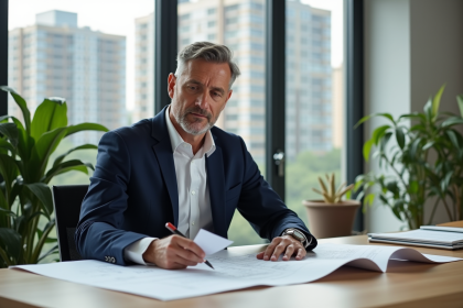 Homme confiant en blazer bleu examine des plans architecturaux