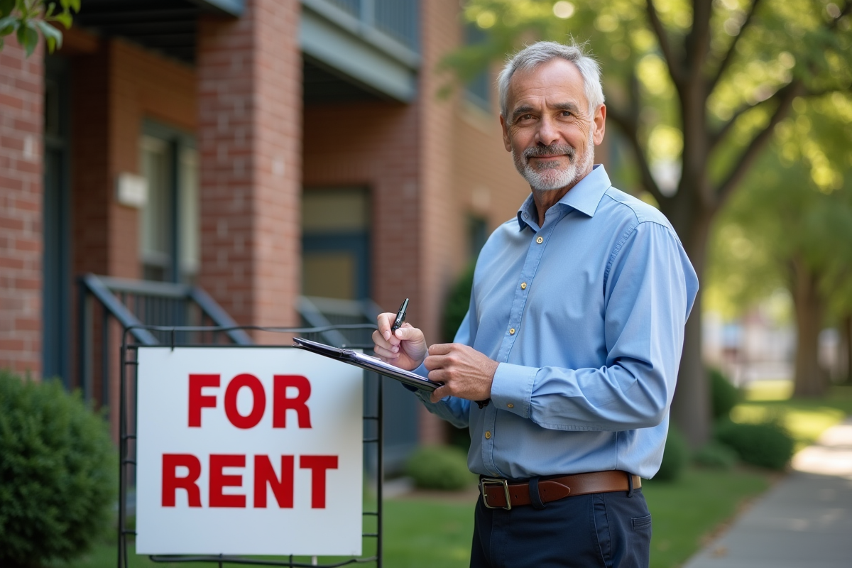 Homme devant panneau a louer avec un stylo et un clipboard