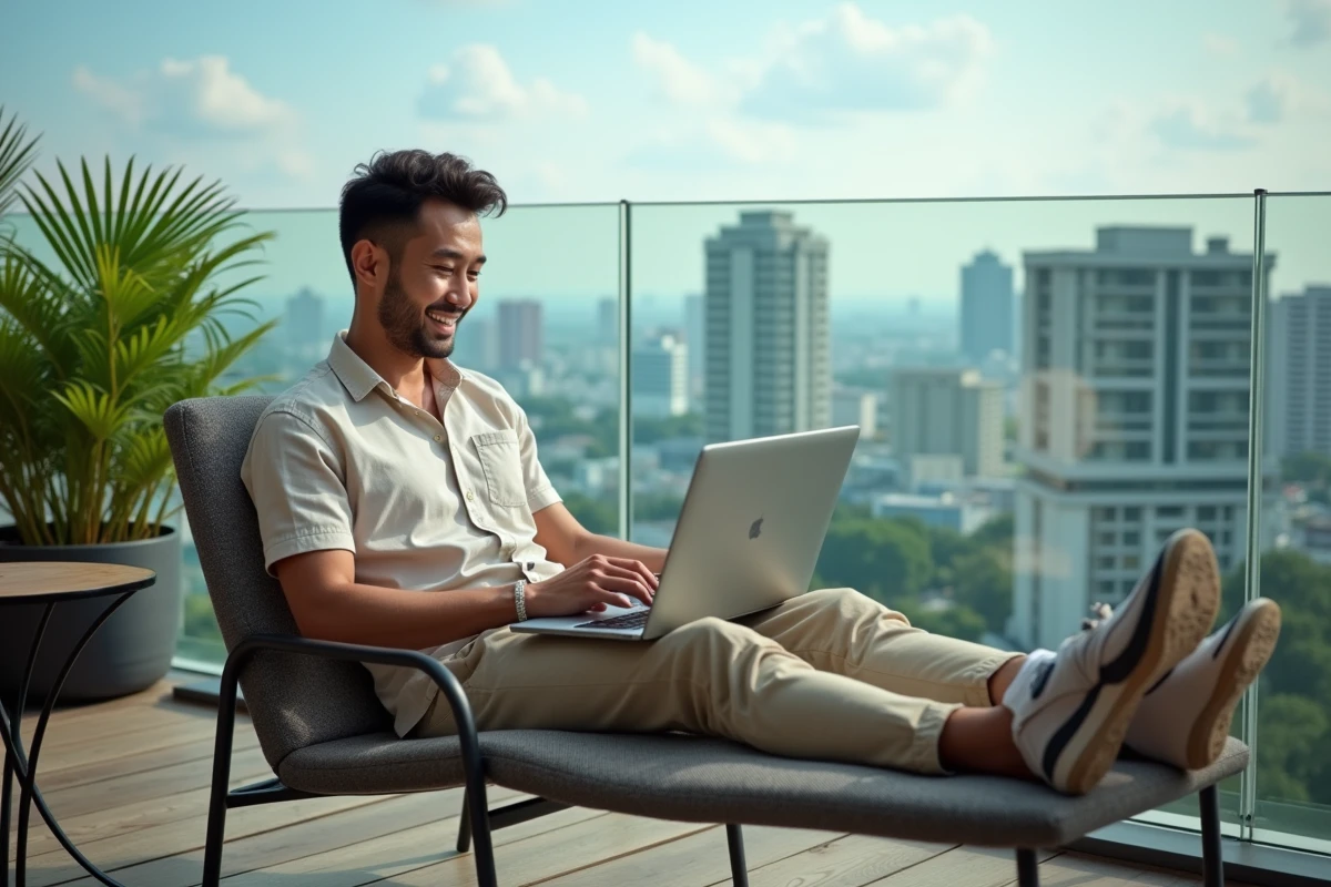 Homme en terrasse avec ordinateur et vue sur Bangkok