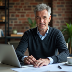 Homme d'âge moyen travaillant à domicile avec documents et ordinateur