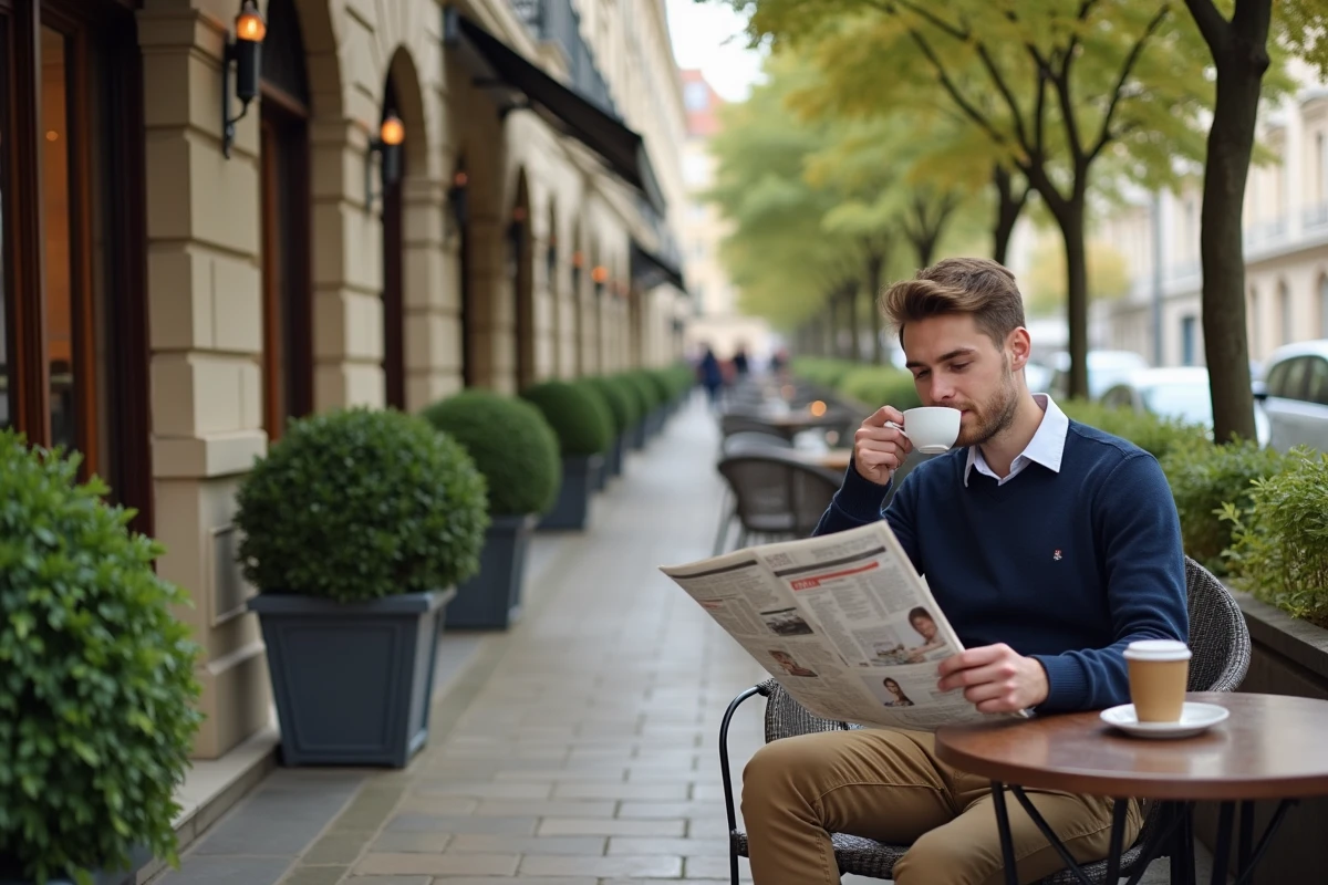 Jeune homme lisant un journal au café à Saint Germain en Laye
