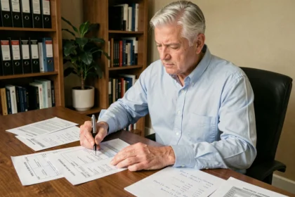 Un homme d'âge mûr analyse des tableaux de calcul viager sur papier dans un bureau à domicile, entouré de documents immobiliers