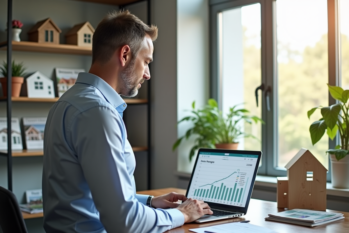 Homme d affaires regarde un ordinateur avec des taux hypothécaires
