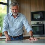 Homme d'âge moyen examine une surface de cuisine moderne