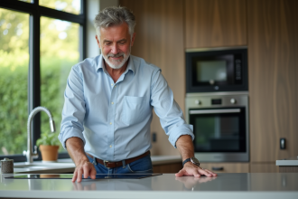 Homme d'âge moyen examine une surface de cuisine moderne