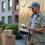 Homme d age moyen regardant des documents devant un camion de déménagement