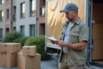 Homme d age moyen regardant des documents devant un camion de déménagement