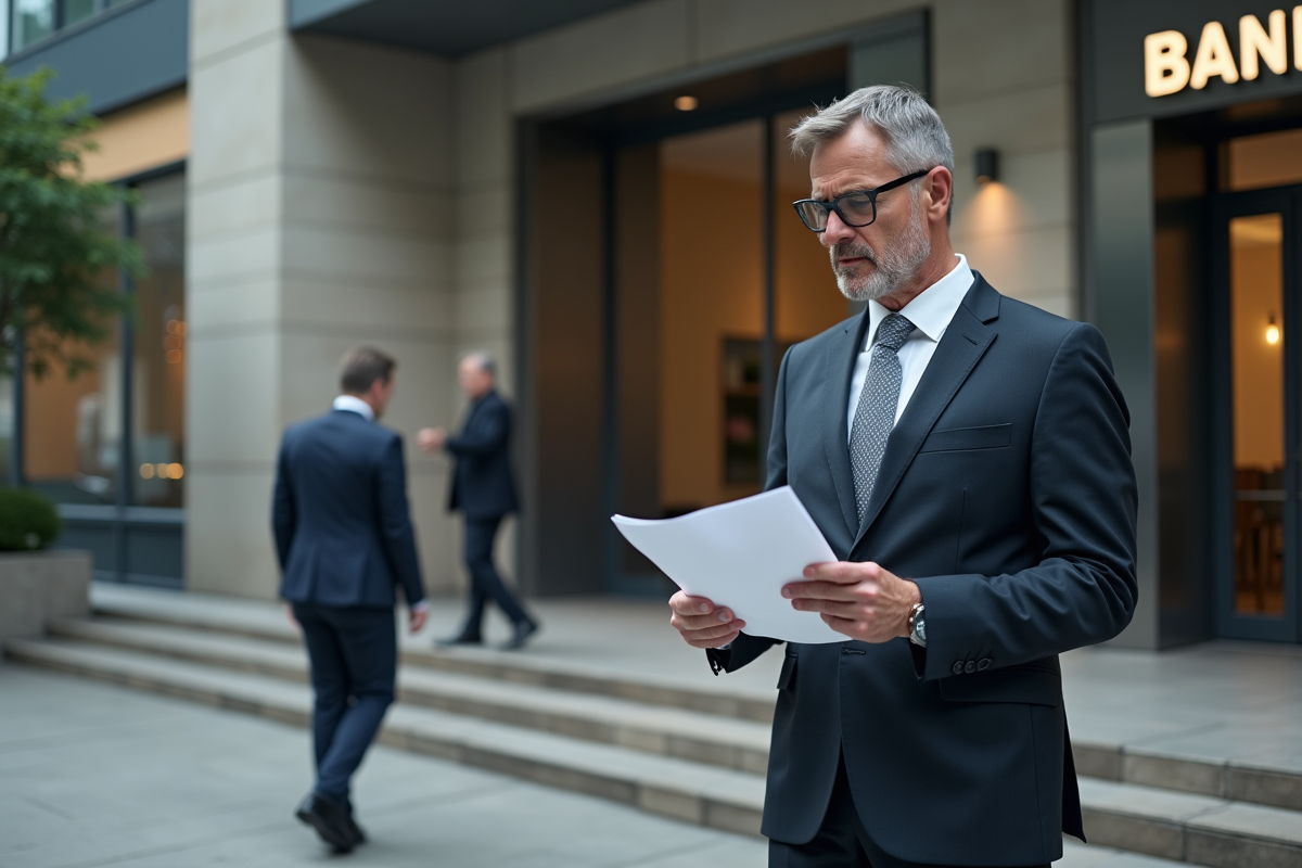 Homme en costume devant une banque urbaine pour un prêt