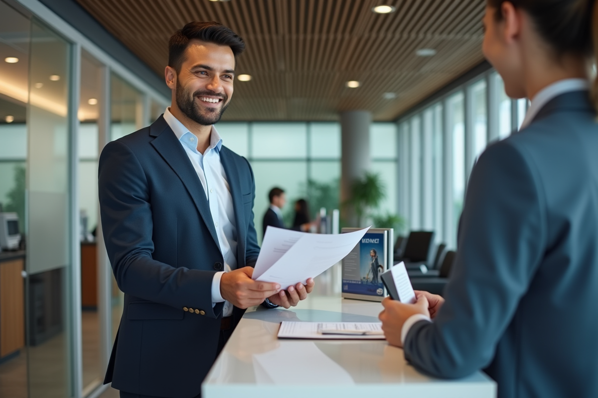 Jeune homme professionnel remettant des documents à la banque