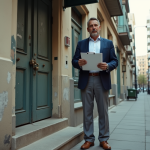 Homme d'âge moyen devant une entrée d'immeuble ancien