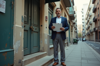 Homme d'âge moyen devant une entrée d'immeuble ancien