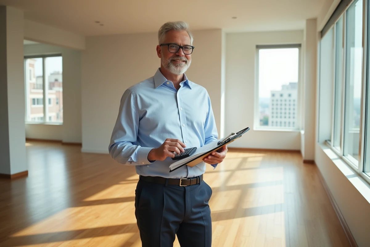 Homme avec plans dans un salon vide et lumineux
