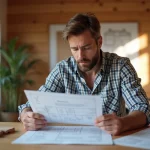 Homme d'âge moyen examinant un devis de construction dans un bureau